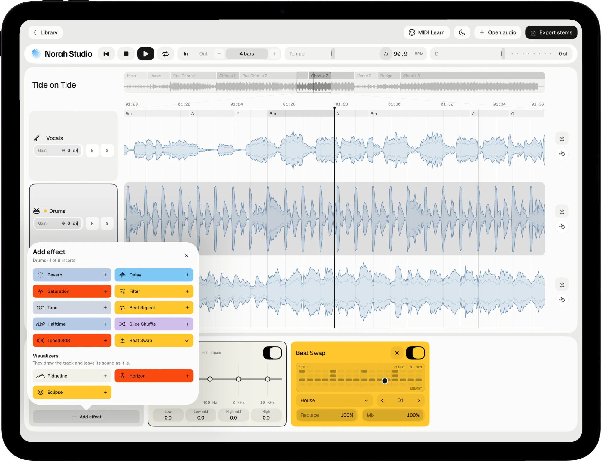 The effects you can add to the drum lane, on iPad