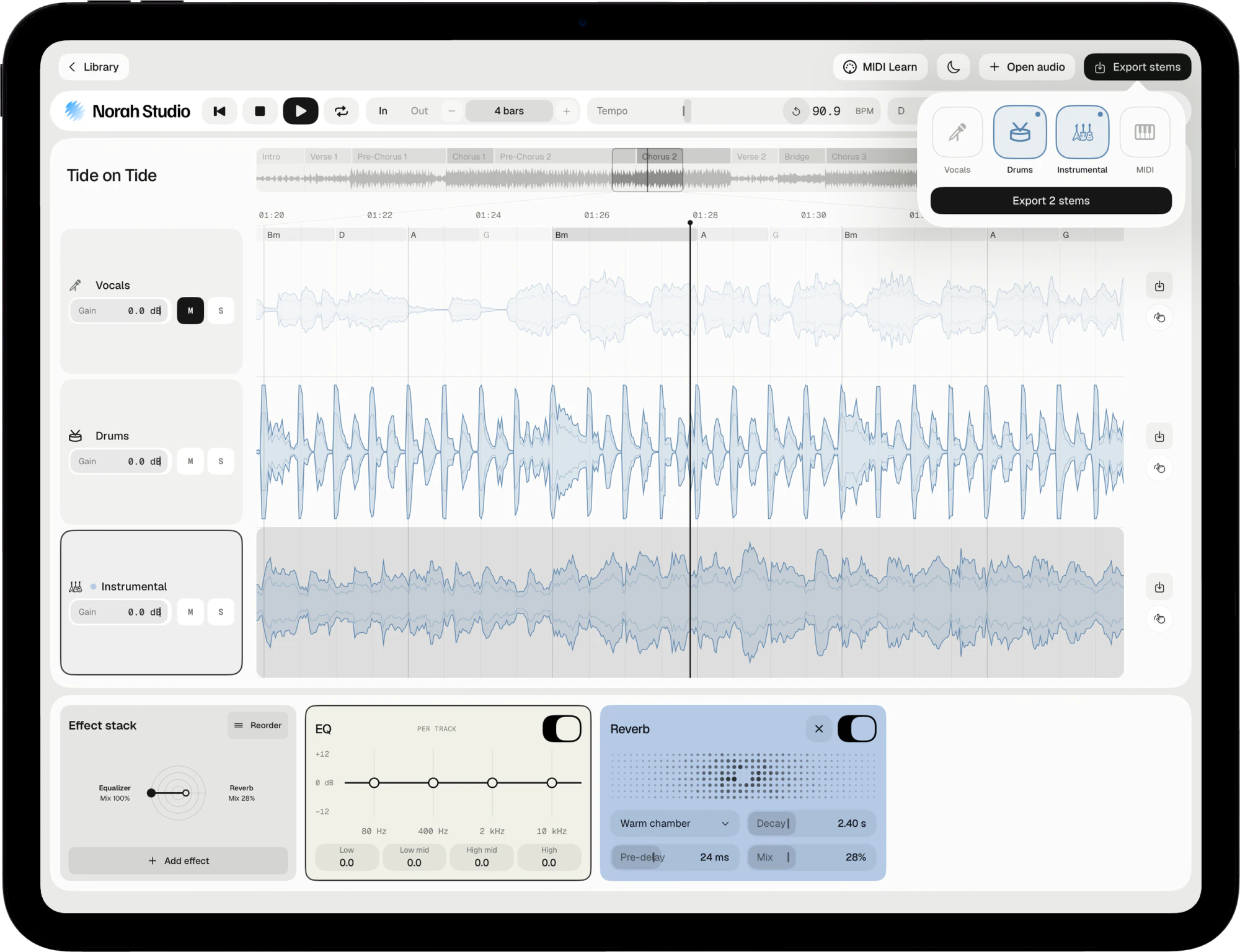 The export picker on iPad, with Drums and Instrumental chosen