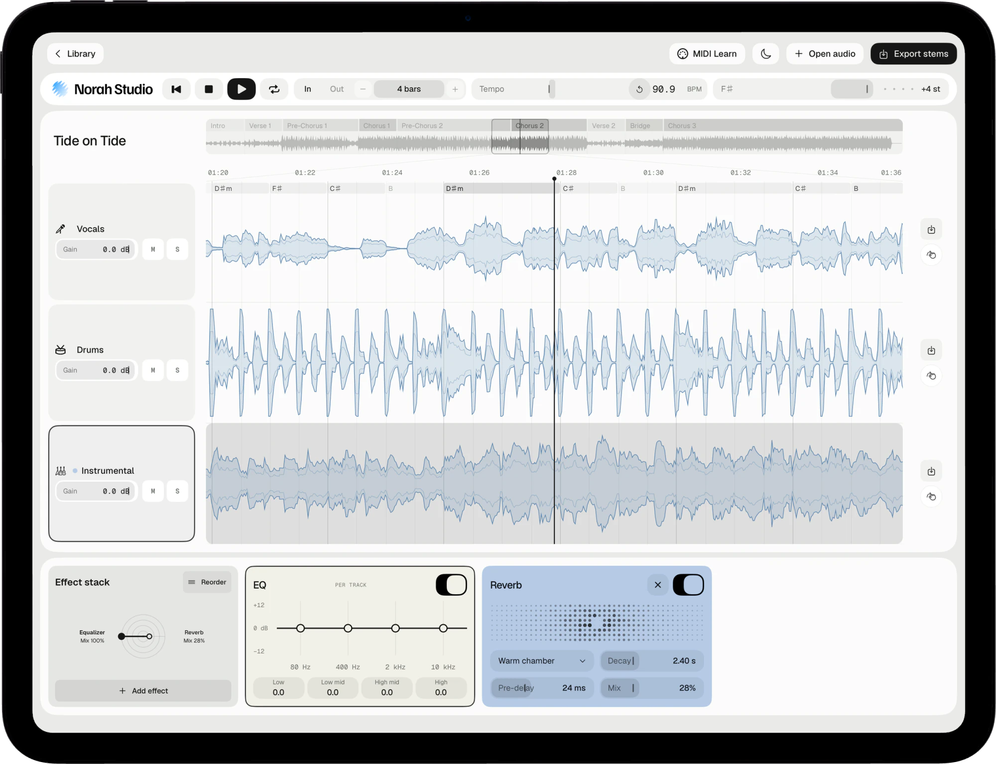 The key moved on iPad, the semitones in the toolbar