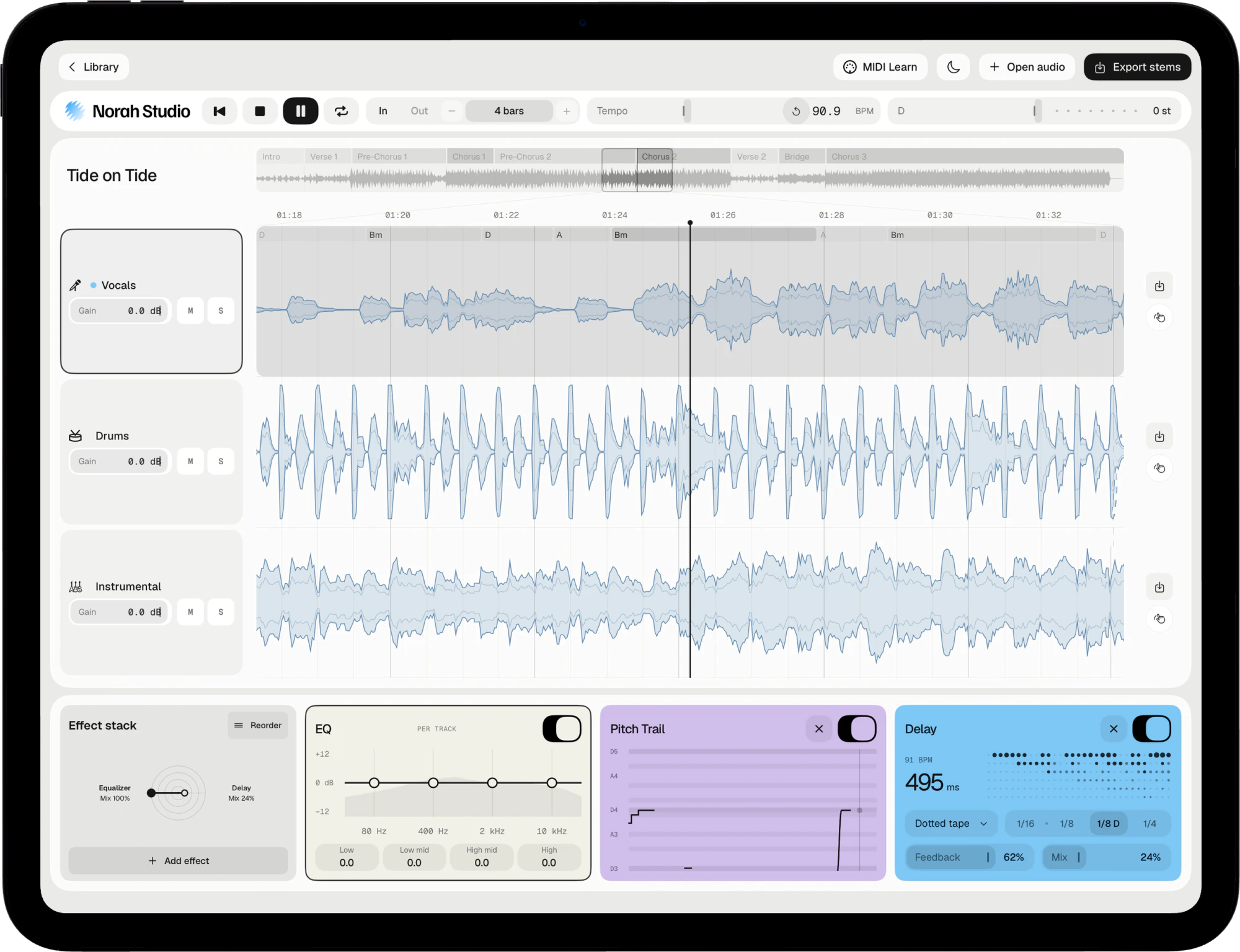 The desk on iPad, with Pitch Trail and Delay on the vocals