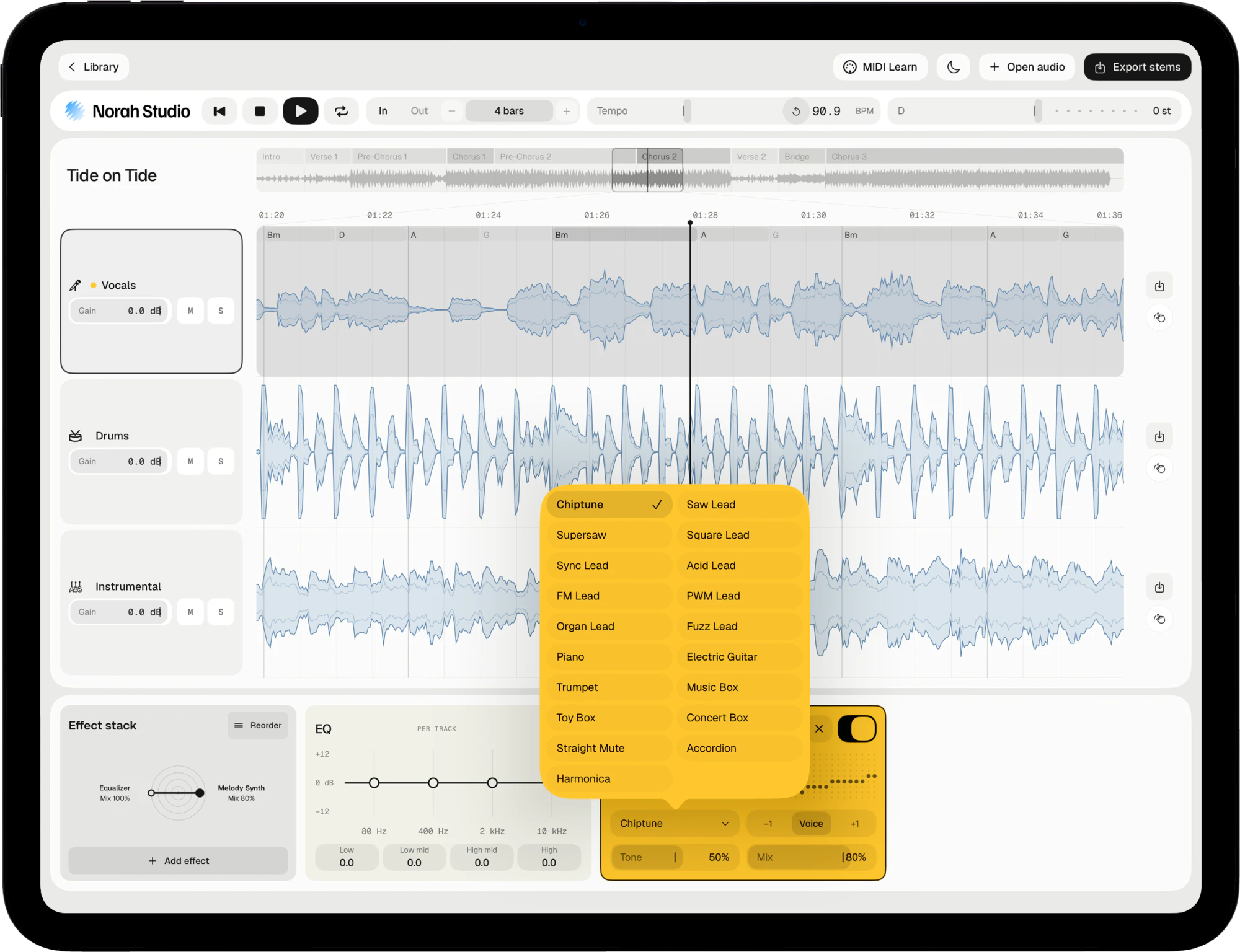 Melody Synth's sound menu open on iPad
