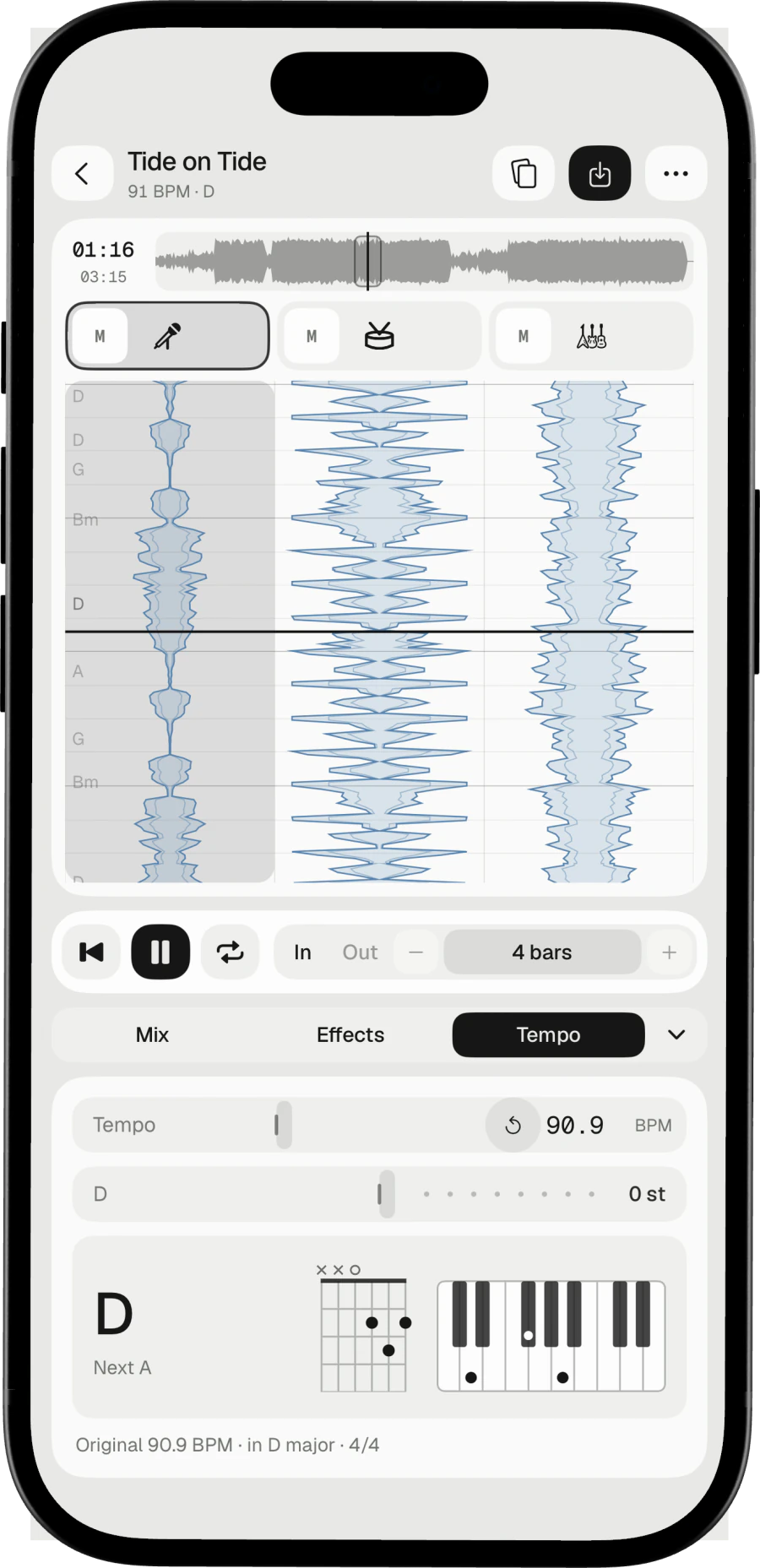 Three upright lanes on iPhone with the chords beside them