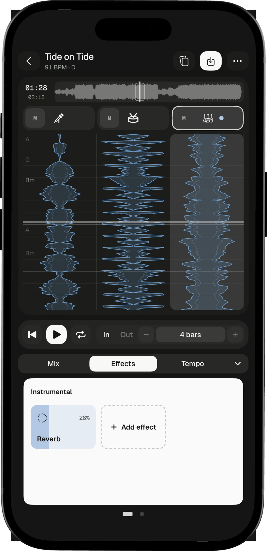 Reverb on the instrumental lane, in dark mode