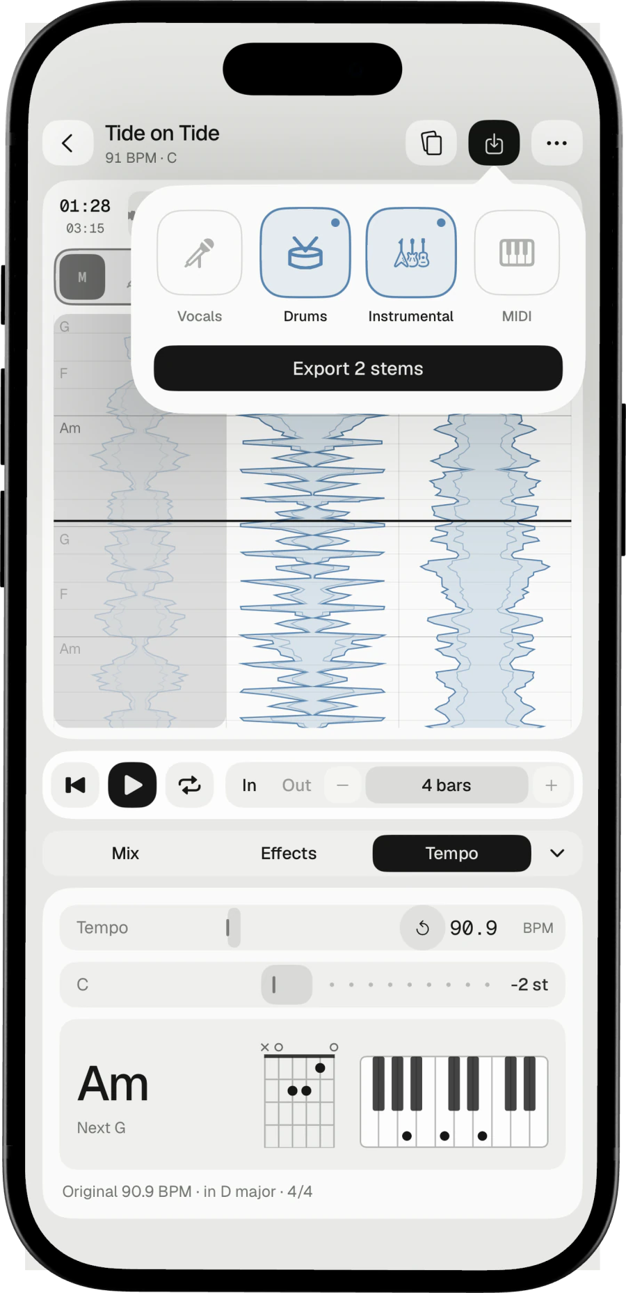The export picker on iPhone with Drums and Instrumental chosen