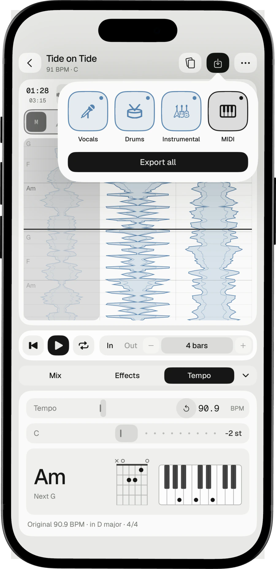 The export picker on iPhone with the MIDI tile chosen