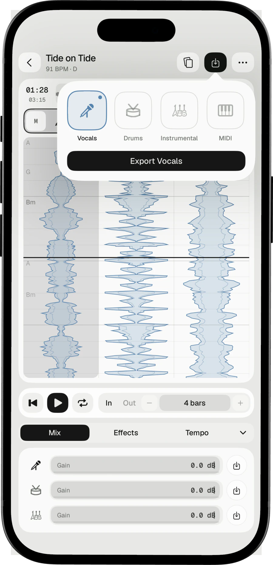 The export picker on iPhone with only Vocals chosen