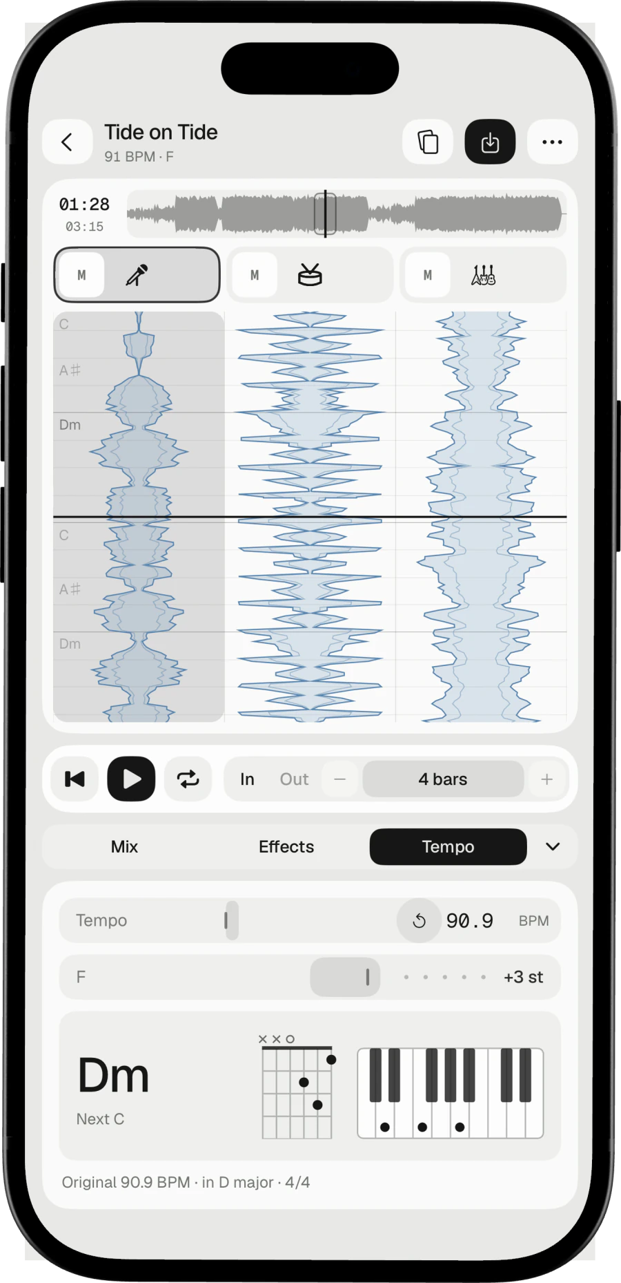 The Tempo panel on iPhone with the key moved