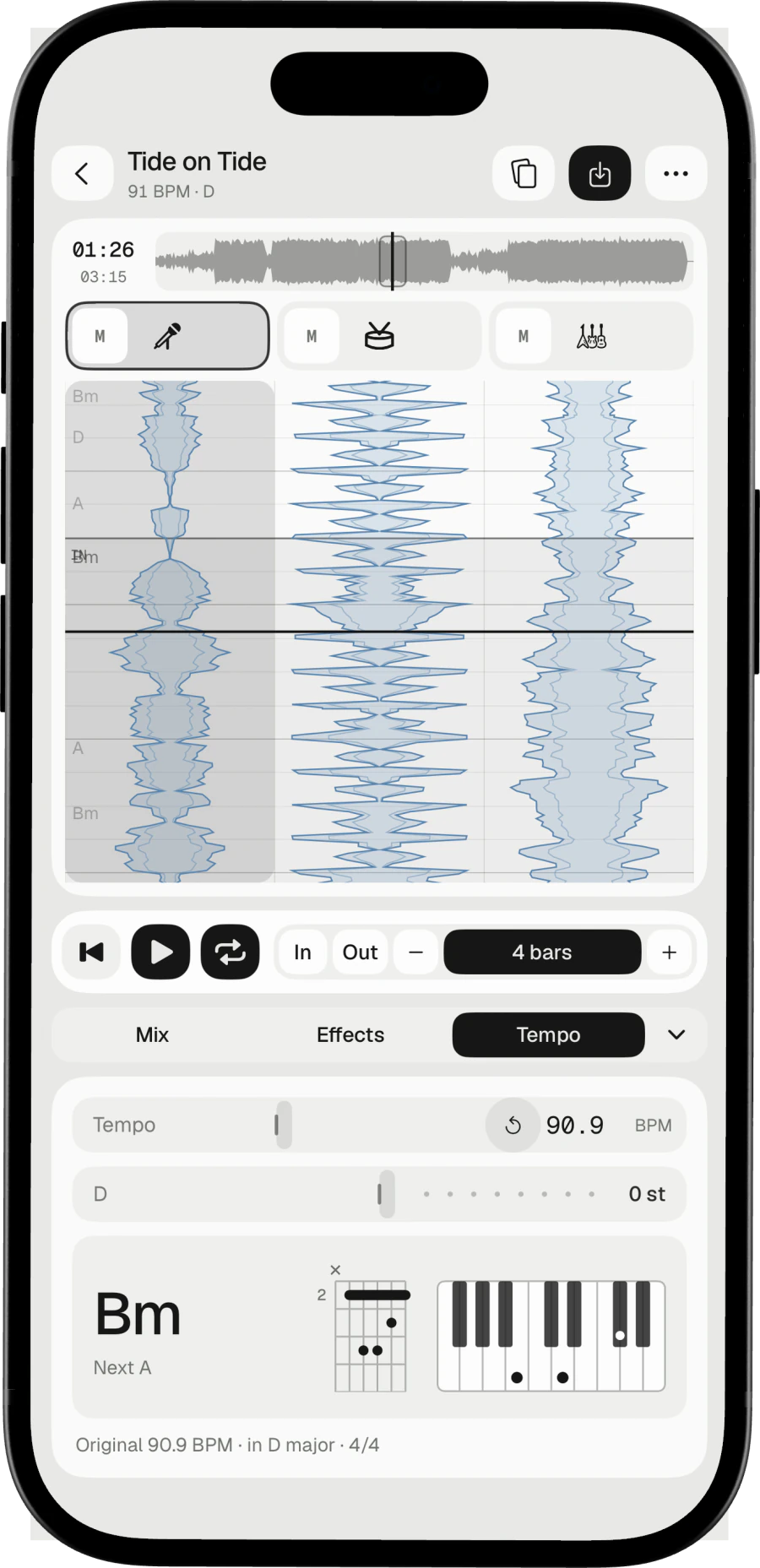 A loop set on iPhone, its length in bars