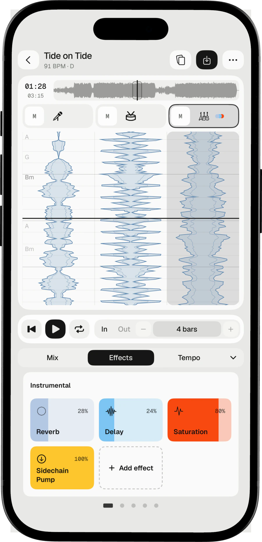 The effect stack on iPhone, laid out like pedals