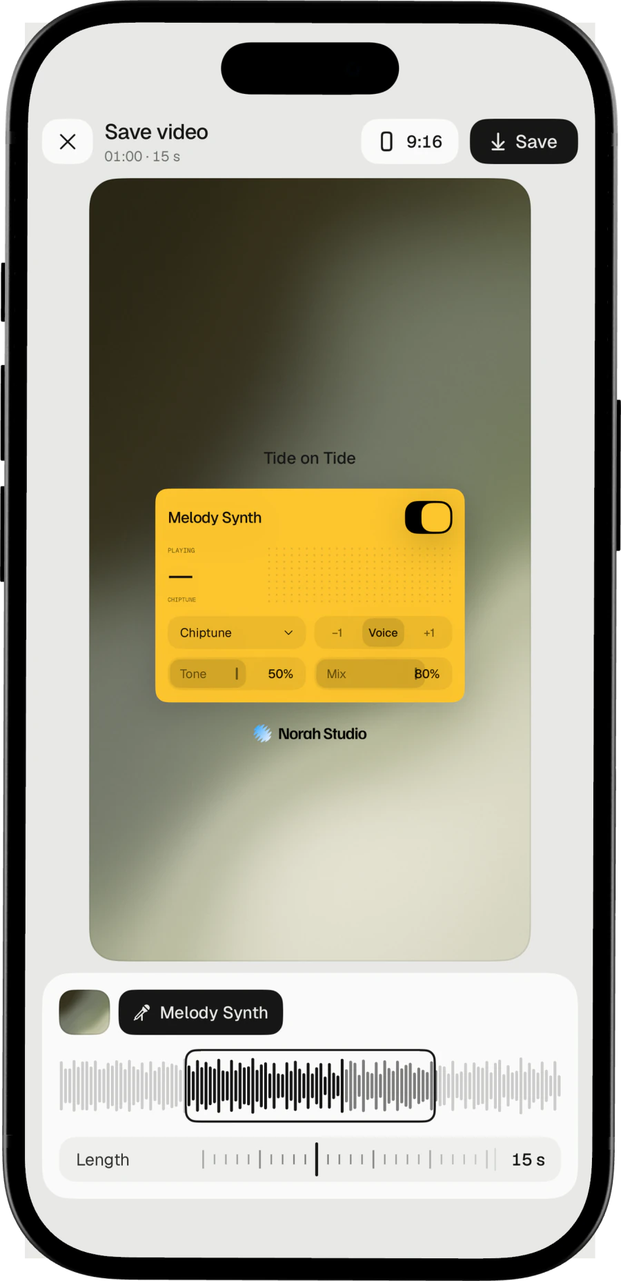 The story composer on iPhone with a Melody Synth card and a length of 15 seconds