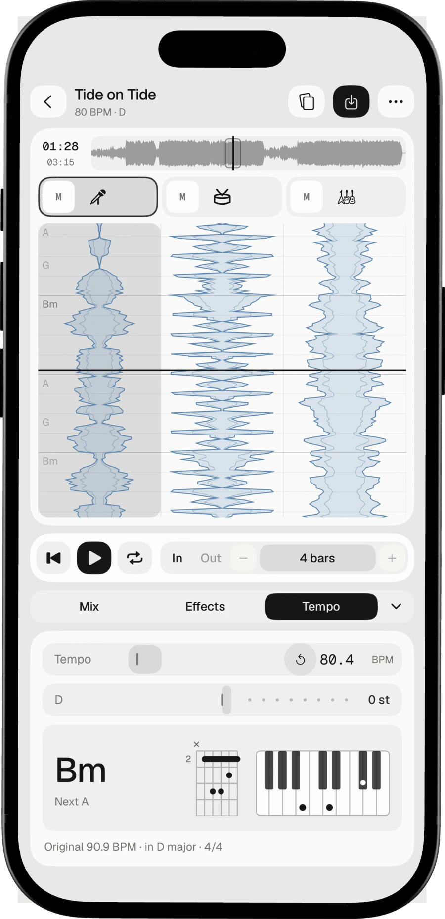The Tempo panel on iPhone with the tempo slowed