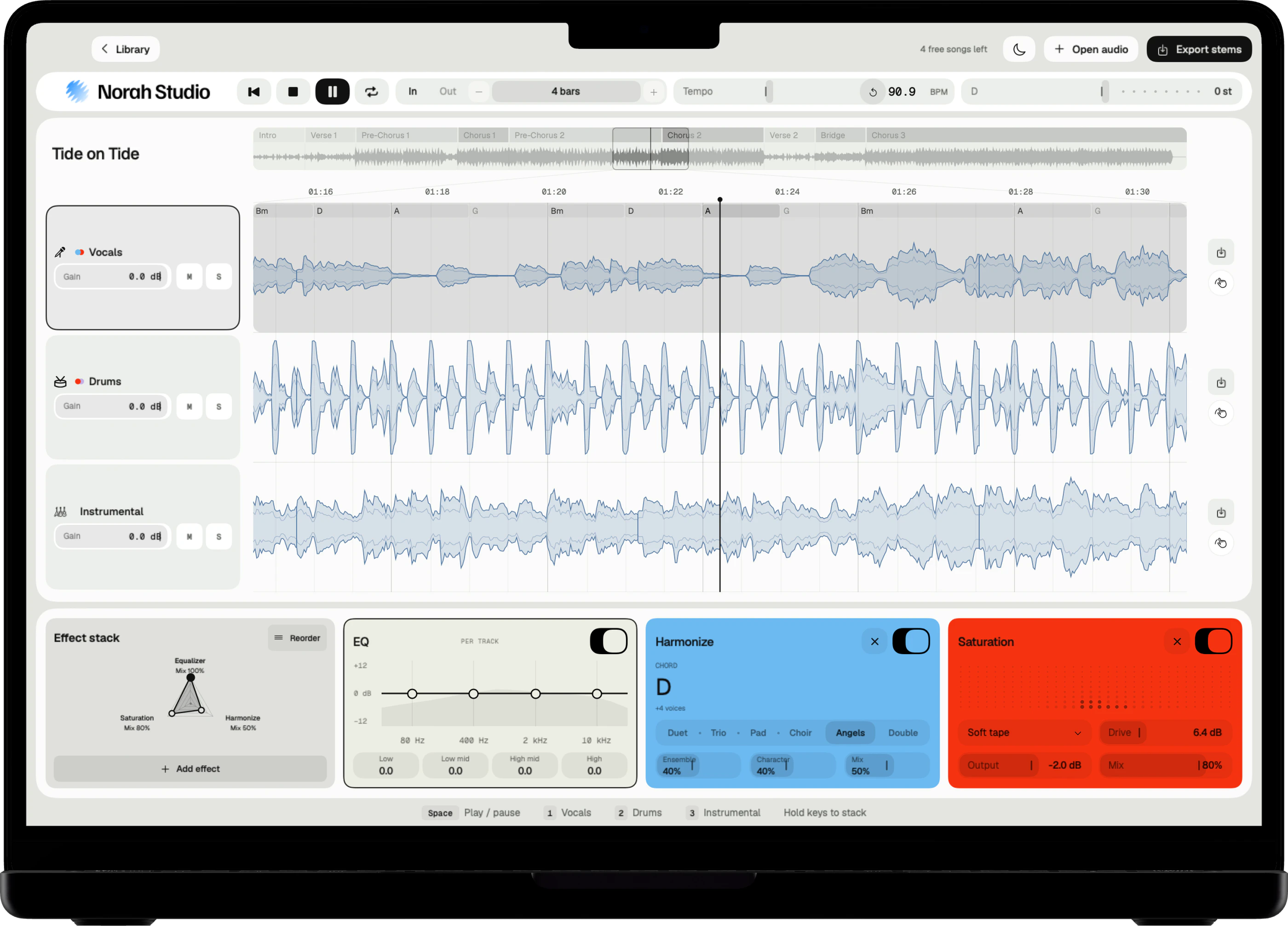 Norah Studio on a MacBook Pro: three lanes and an effect stack