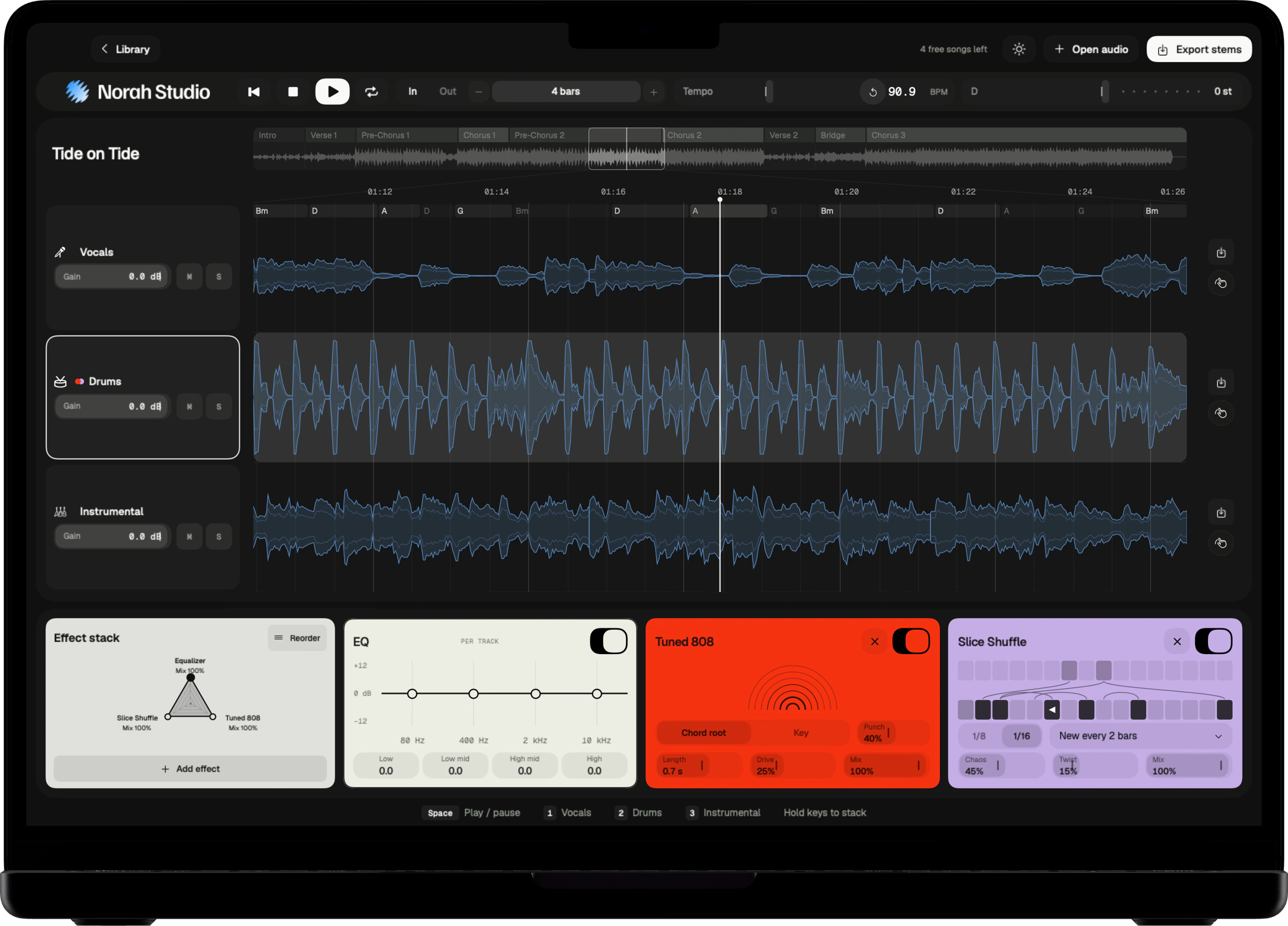 Chords written above the vocal lane, in dark mode