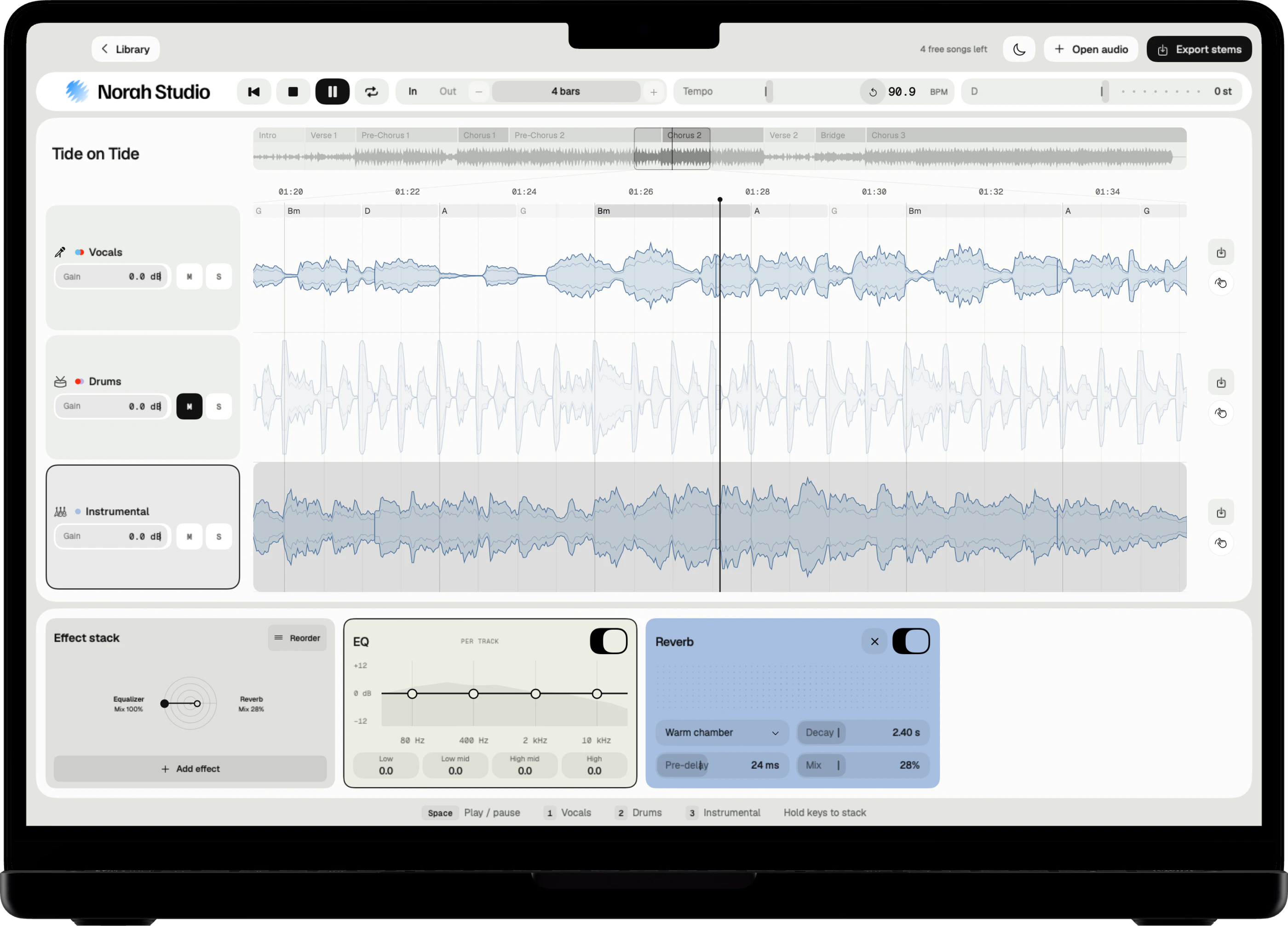 The drum lane muted on the Mac desk