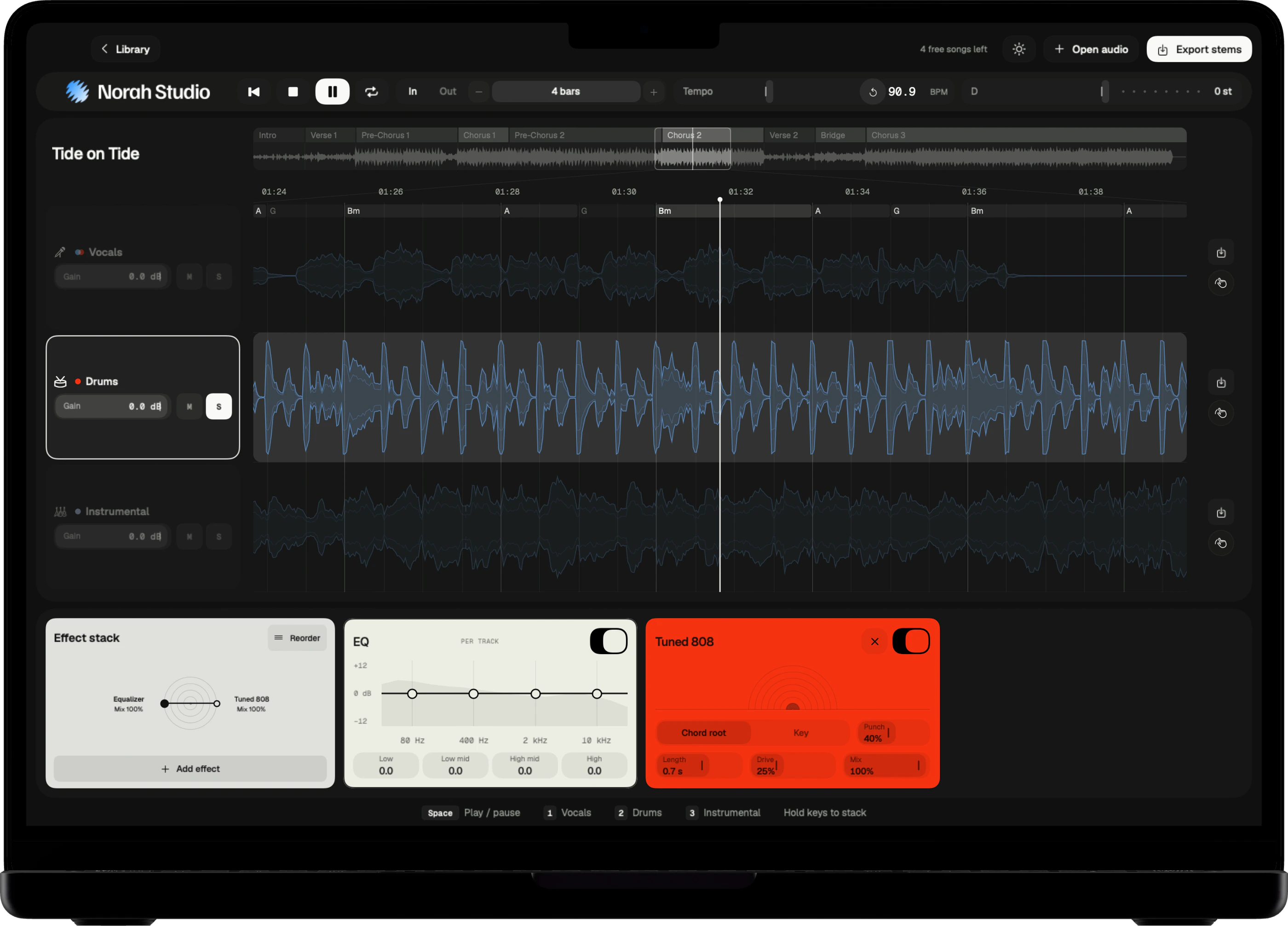 The drum lane soloed on the Mac, in dark mode