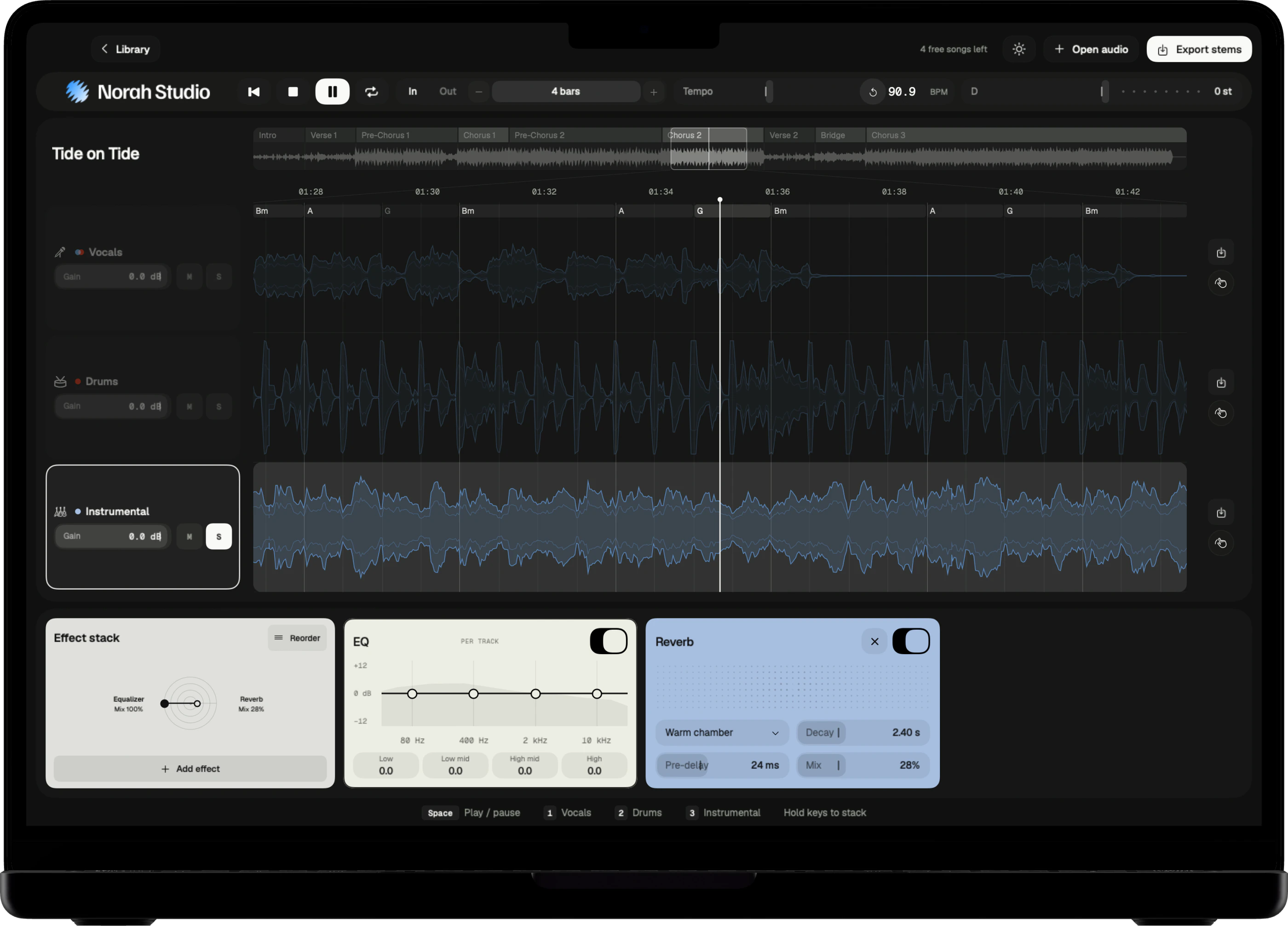 The instrumental lane soloed on the Mac, in dark mode